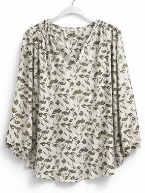 Olive Green Floral Smocked Shoulder Blouse – Flowy 3/4 Sleeve Top